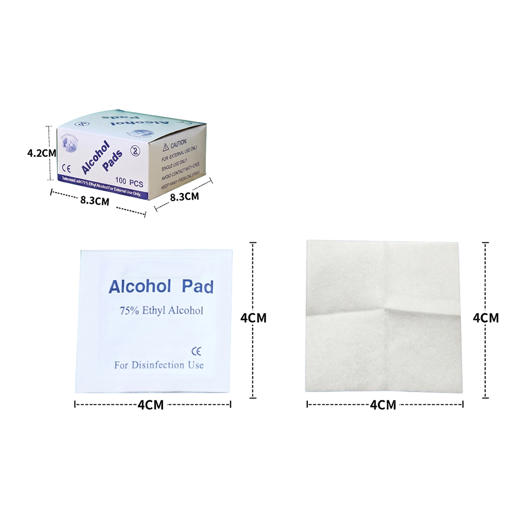 100 pièces/boîte 4x4 cm emballés individuellement tampons de préparation à l'alcool éthylique de qualité supérieure à 75 % pour la maison, les voyages et l'usage clinique